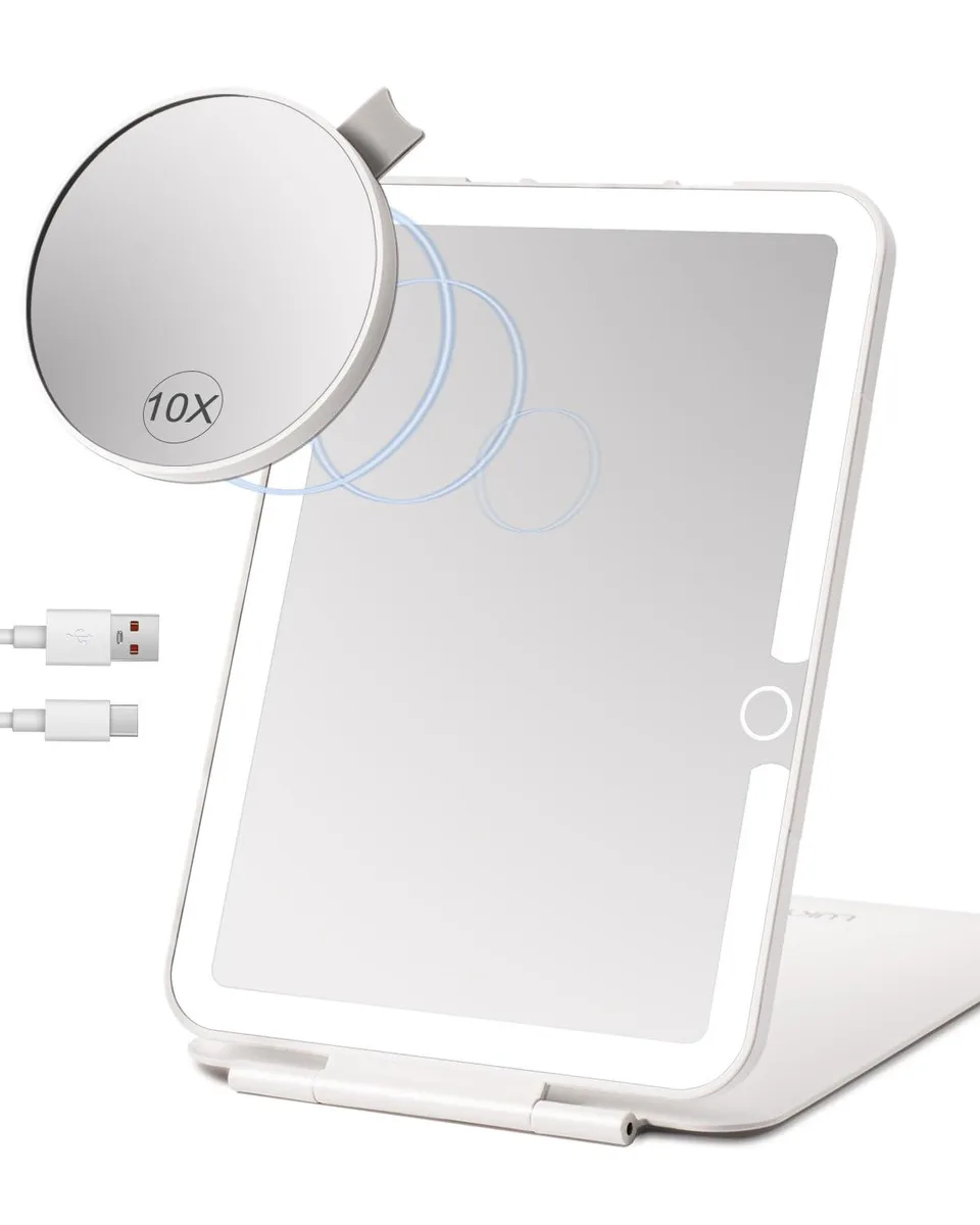  LUKYMIRO M1 7.6" x 5.3" White Rectangular Tabletop Mirror with 10X Magnetic Magnifier — product photo