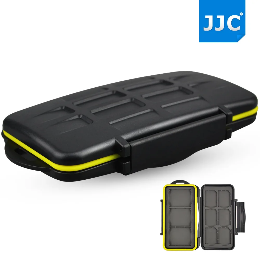 Black water-resistant memory card case holding six SD and three CF cards