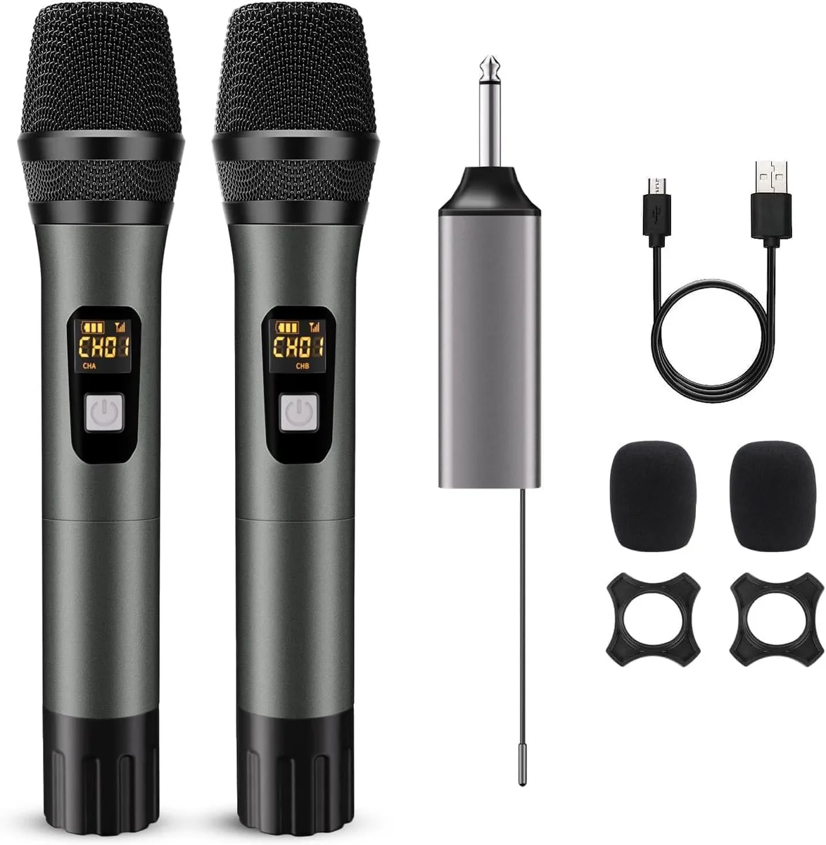 KEHIPI KEHIPI K207 Wireless Microphone System, Dual Handheld UHF, 200ft Range, 48kHz/95dB, Gray — product photo