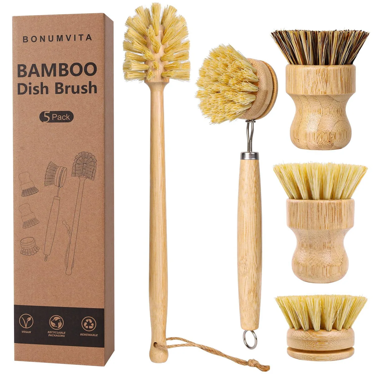 Five bamboo dish brushes including bottle brush and replacement heads