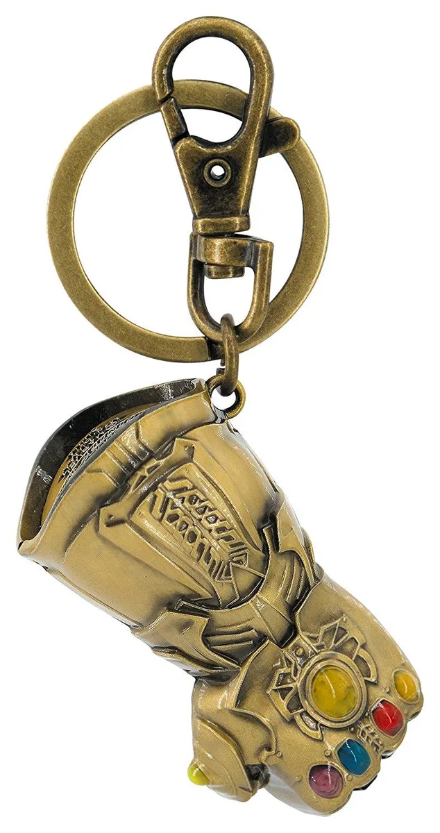 Pewter Infinity Gauntlet key ring with coloured stones and metal o-ring chain