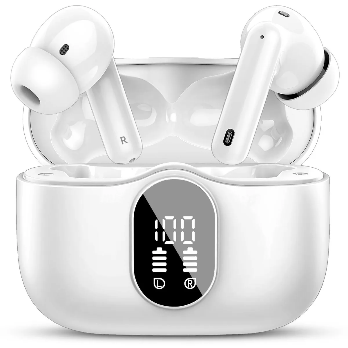 White in-ear true wireless earbuds in a matching charging case with LED display