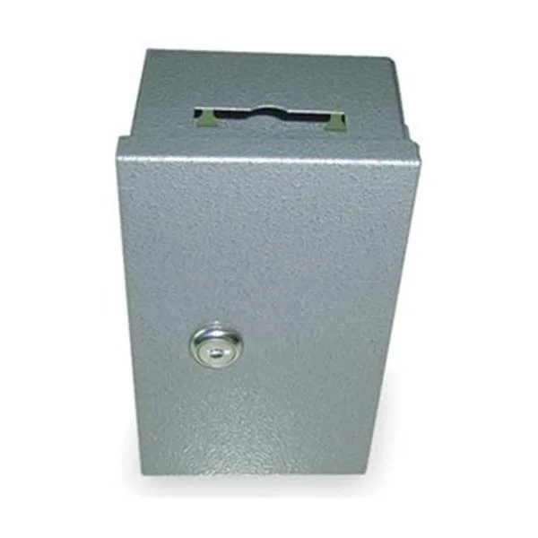 Gray steel wall-mounted key drop box with mechanical push-button lock