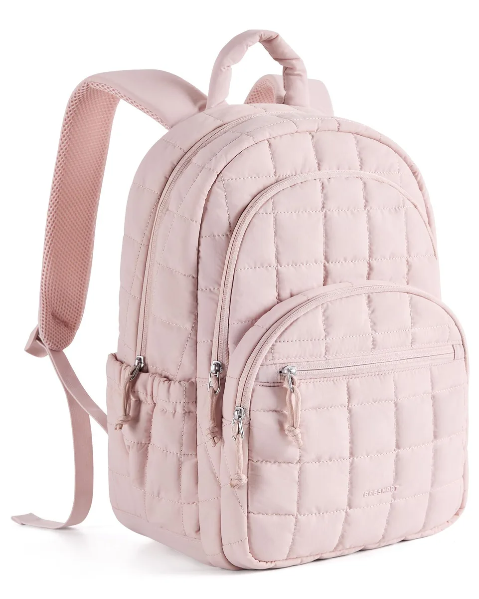 Pink quilted Taslan laptop backpack with padded straps and luggage pass-through strap
