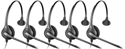 Five black over-the-head headsets with padded earpieces and boom microphones