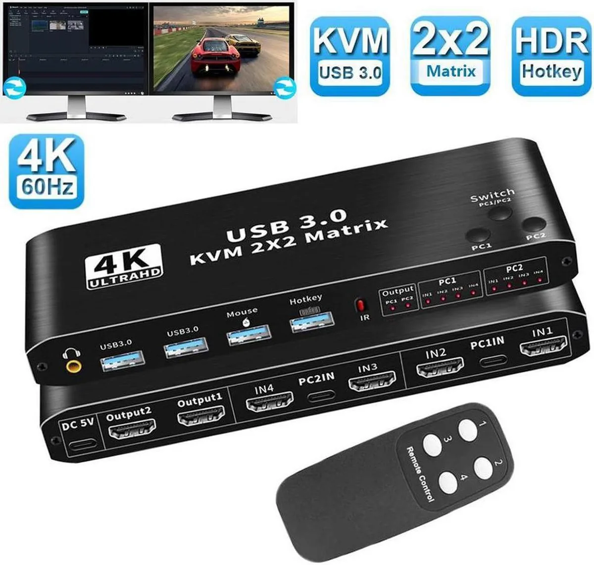 Vszerda Vszerda 2x2 HDMI KVM Matrix Switch Dual Monitor 4K@60Hz USB 3.0 3.5mm Audio — product photo