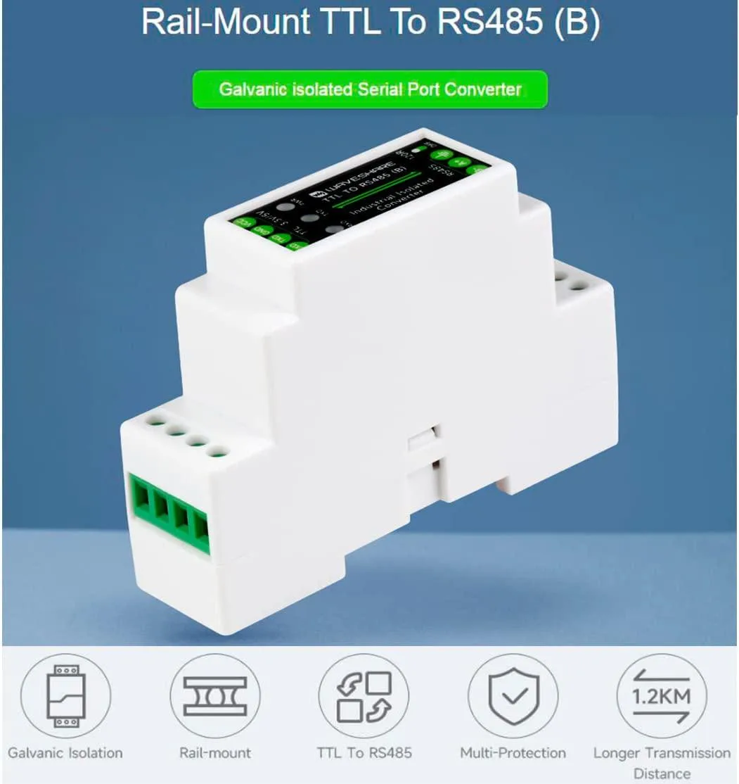 WaveShare WaveShare Galvanic Isolated Rail-Mount TTL to RS485 Converter Adapter 600W 1.2km Factory Integration — product photo