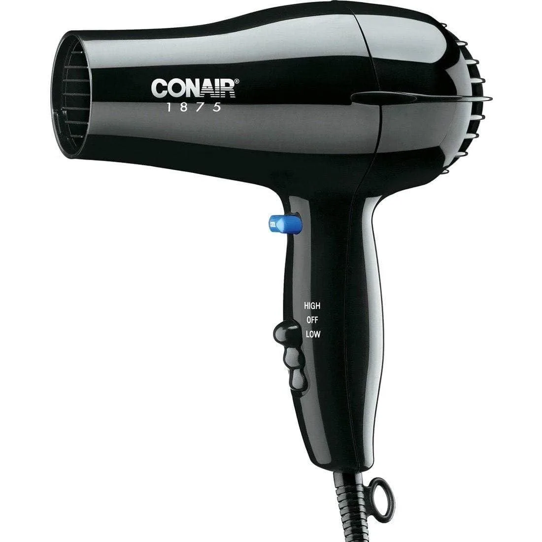 Black handheld hair dryer with matte finish and short cord