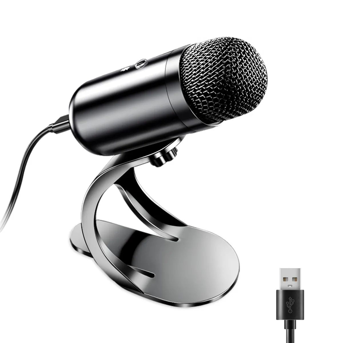 Compact tabletop USB microphone with flexible gooseneck, matte black finish, mute button and volume knob on base