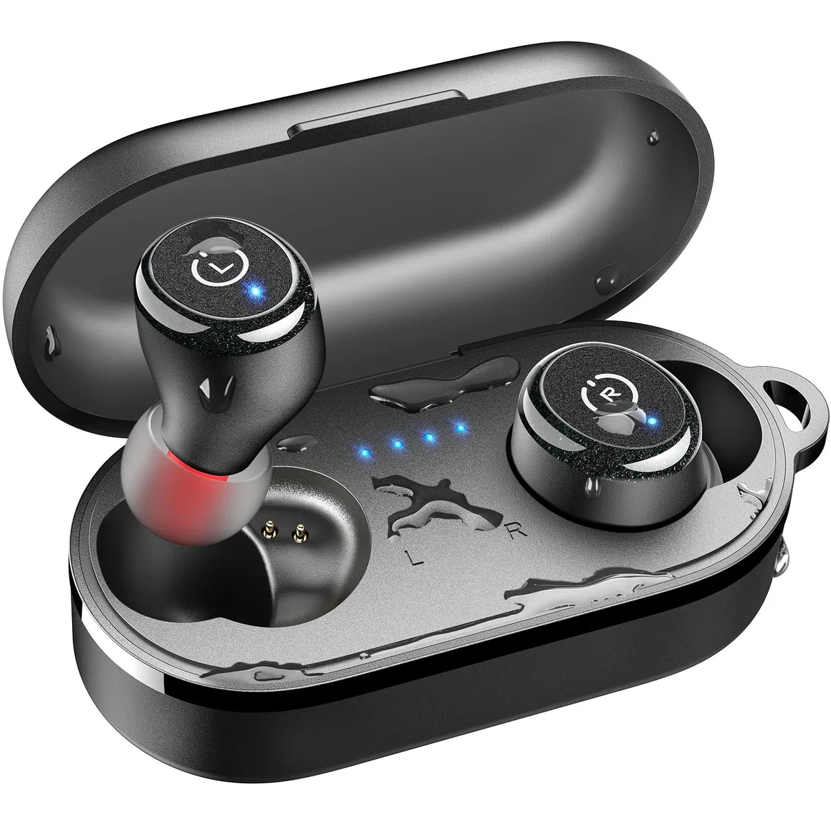 Black in-ear wireless earbuds with matching charging case