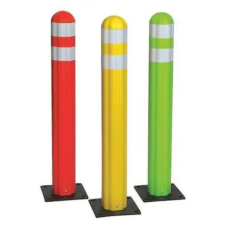 Orange 42-inch HDPE guide-post delineator with flat top and silver reflective stripes on square steel base