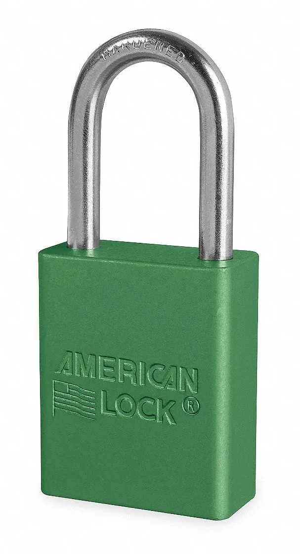Green anodised aluminium safety padlock, open boron-alloy shackle, keyed alike