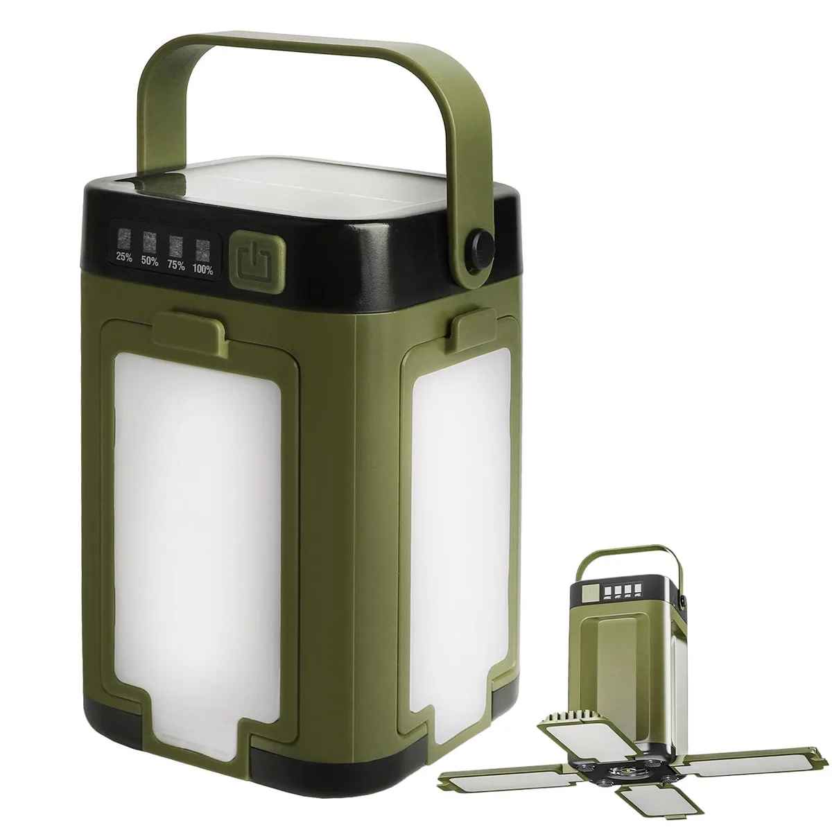 Black foldable LED lantern with adjustable panels and digital display