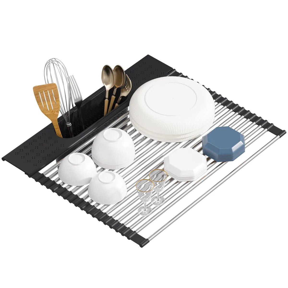 Black roll-up sink rack with stainless steel rods and silicone coating, 17.5 by 15.2 inches