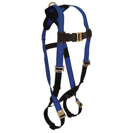 Blue and black full-body safety harness with steel D-ring and quick-connect buckles