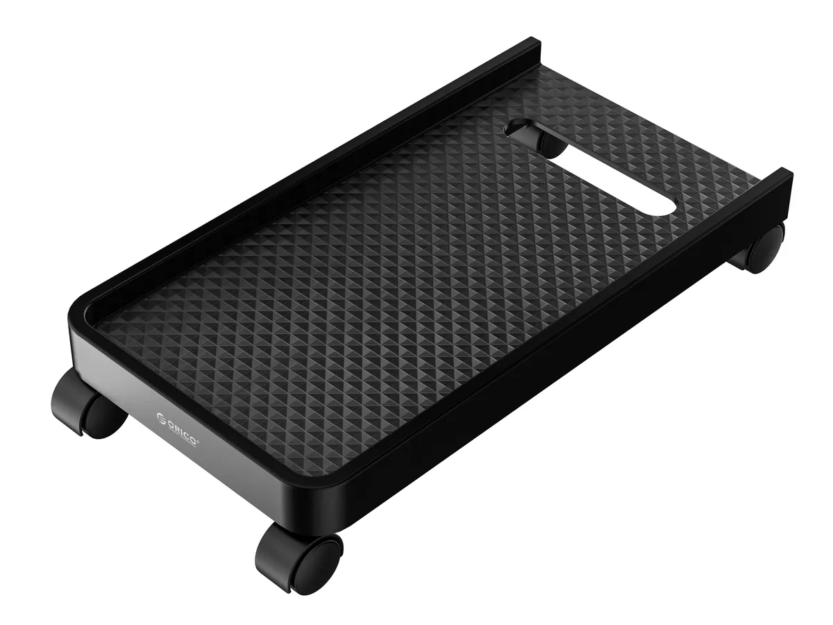 Black adjustable CPU tower stand with four caster wheels, metal frame, open rectangular base, side baffles visible