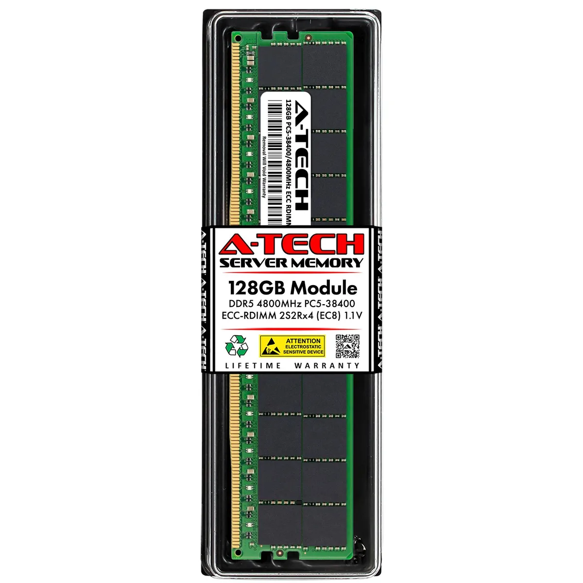 Green rectangular DDR5 DIMM with black chips and gold contacts