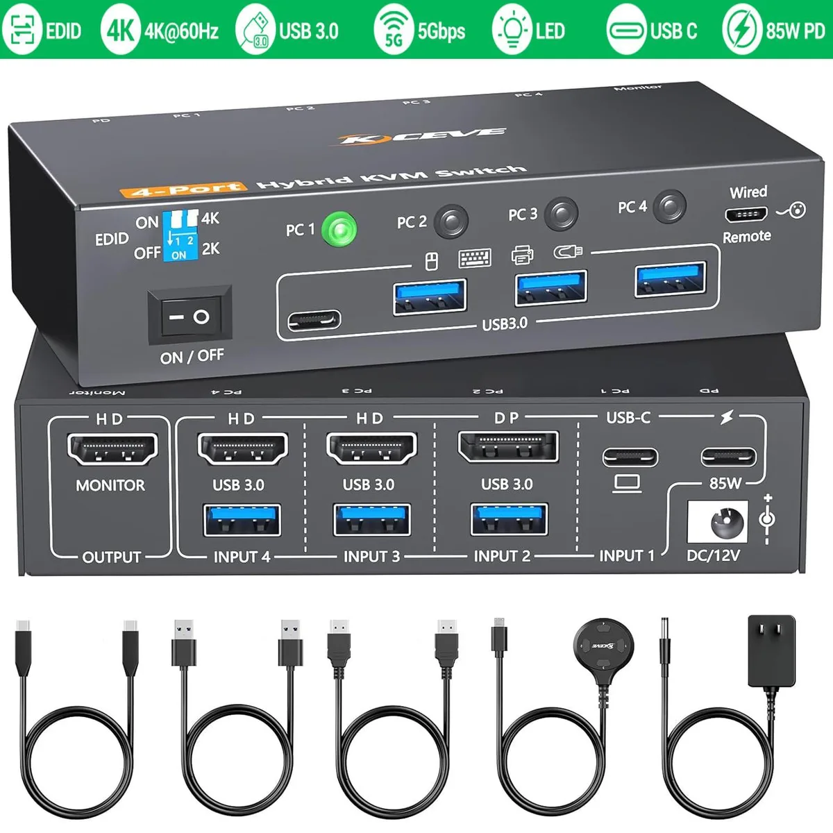 WRIARICH WRIARICH 401C KVM Switch 4-Port USB-C DP 2 HDMI 1 Monitor 4K 60Hz Wired Remote — product photo