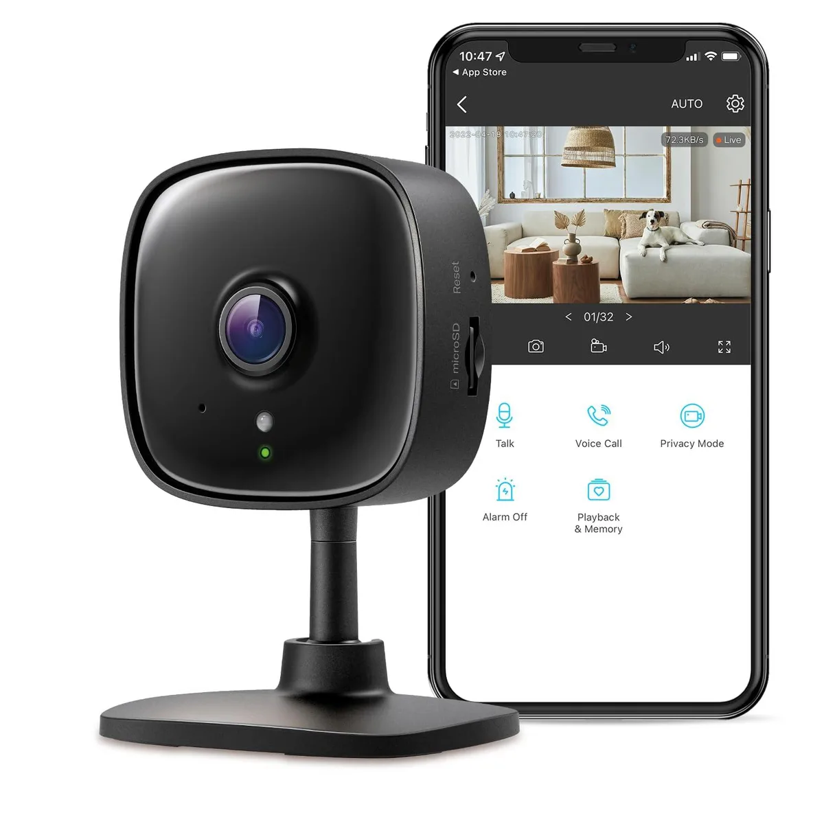 Small black indoor security camera on a white adjustable stand
