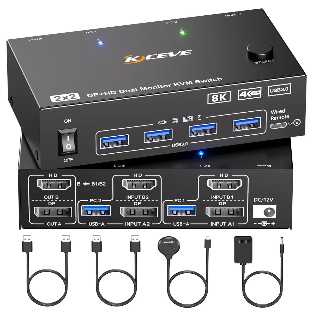 TRENDnet KVM switch 2 monitors Displayport HDMI 4K@144Hz USB3.0 — product photo