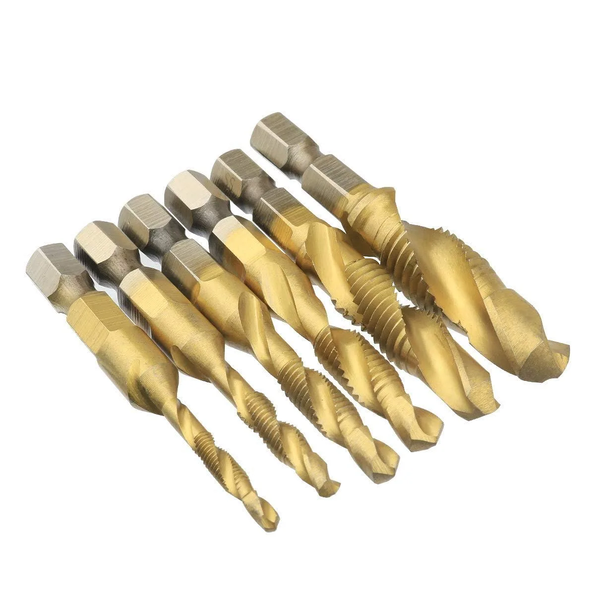 Six titanium-coated HSS drill-taps with 6.35 mm hex shanks in a set