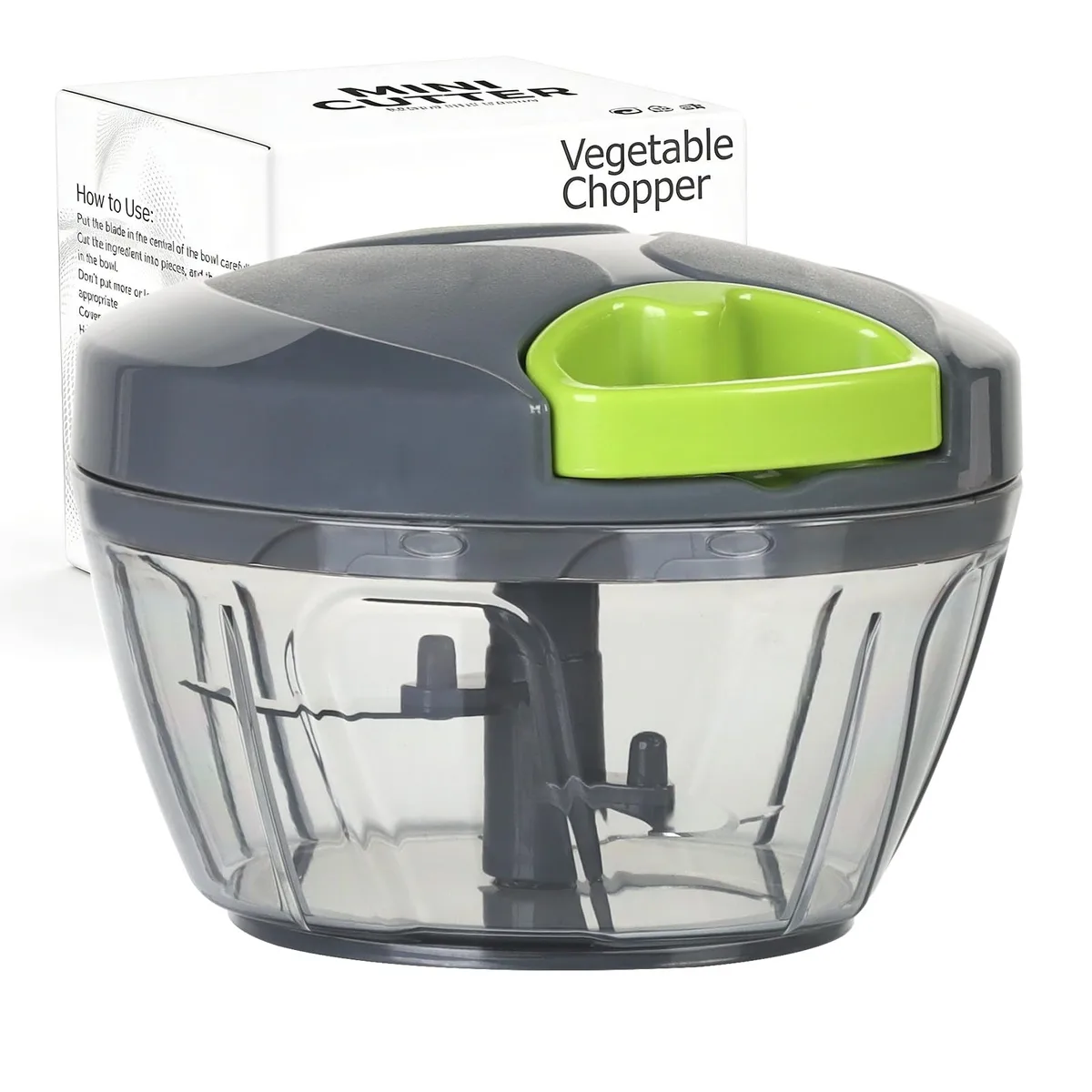 Grey manual food chopper, 500 ml bowl, pull-string lid, stainless steel blades