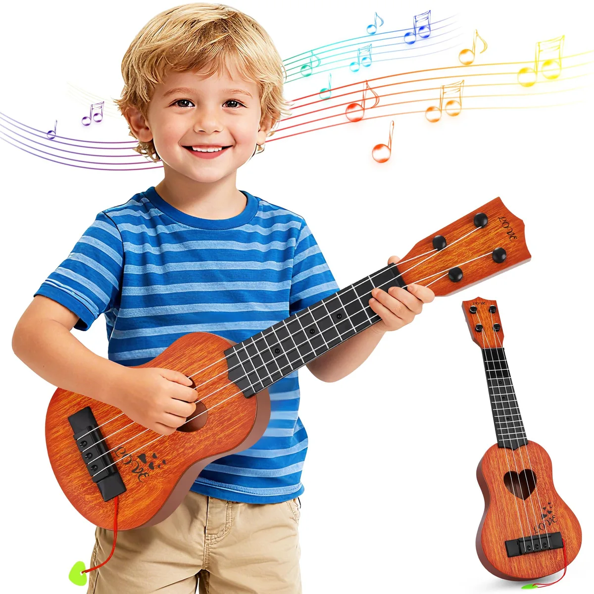 Brown plastic mini ukulele with four strings and a pick