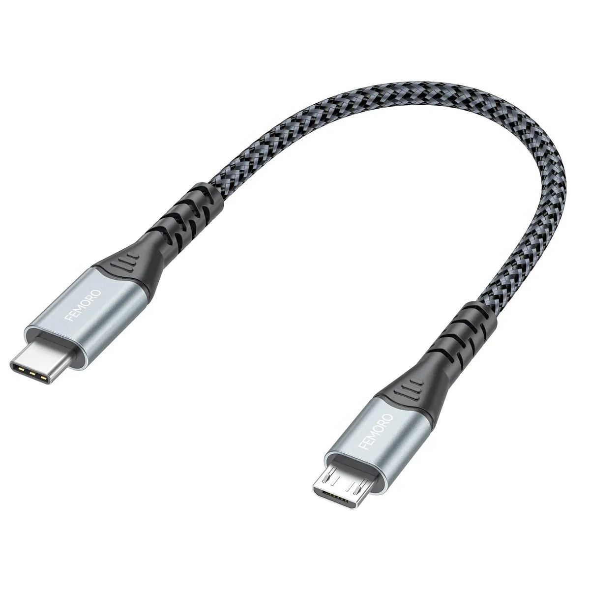 Short grey braided USB-C to Micro USB cable with aluminium connector shells
