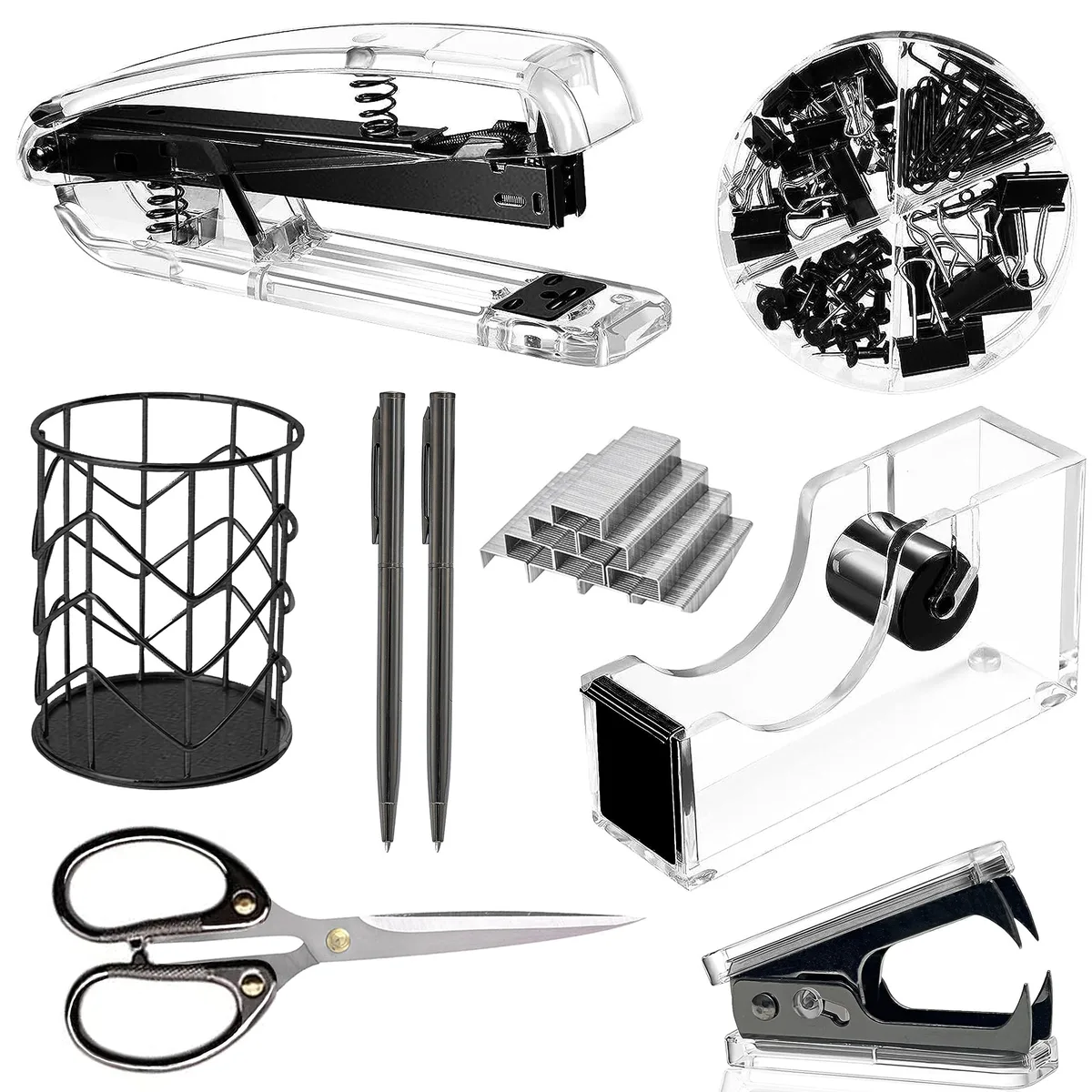 Black acrylic desktop organiser set with stapler, staple remover, tape dispenser, pen holder, two pens, scissors