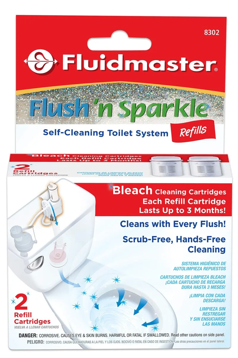 Two white bleach refill cartridges for automatic toilet cleaning system