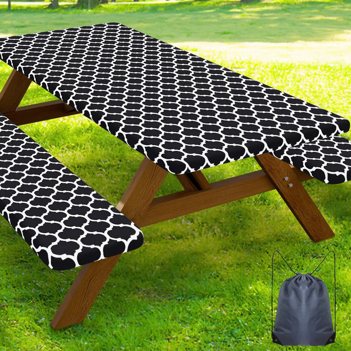 Three-piece navy blue polyester picnic table cover set with elastic edges and drawstring bag