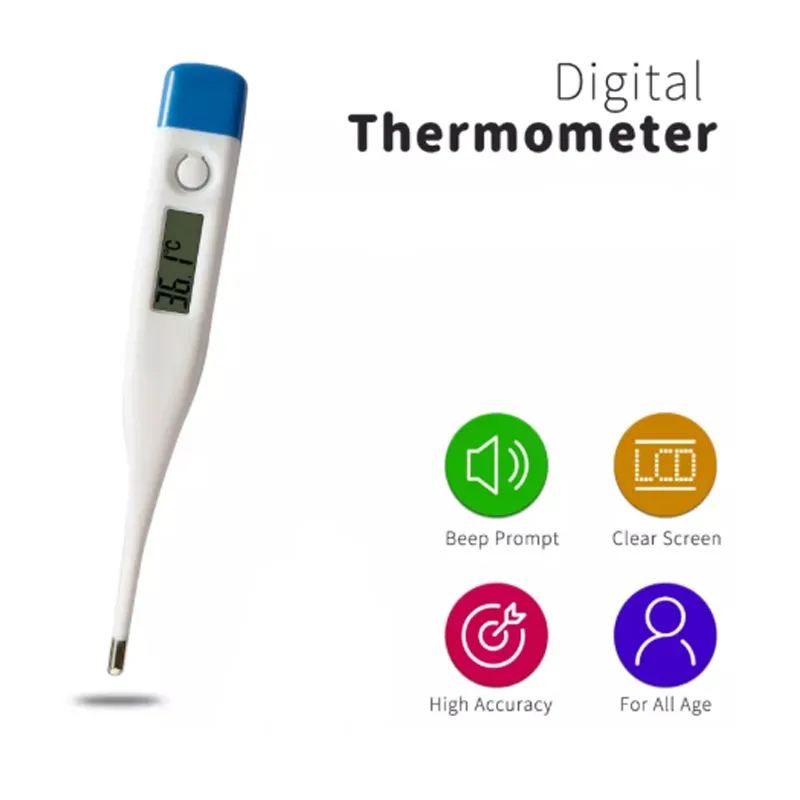 White digital oral thermometer, slender 14.5 cm body, LCD window, single button