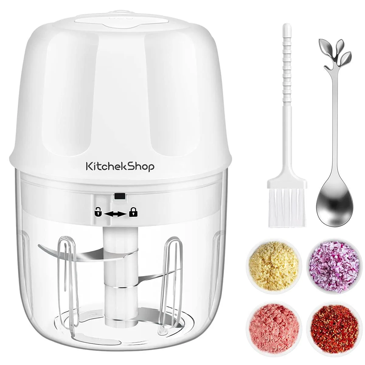 Small white cordless food processor with transparent bowl and lid, compact cylindrical shape, USB rechargeable