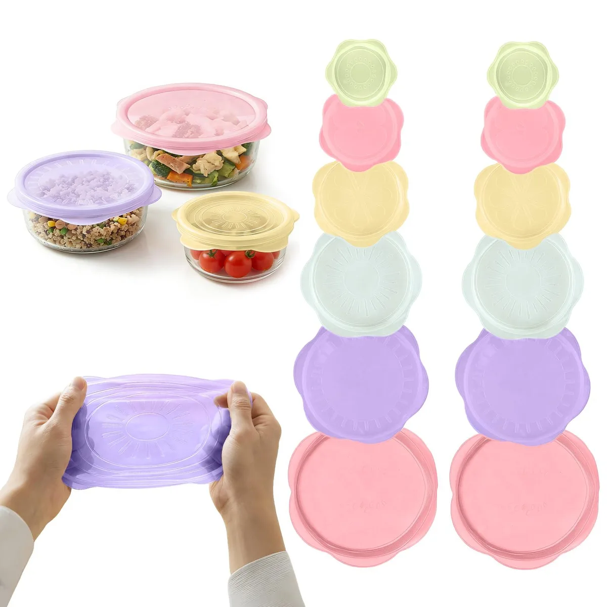 Twelve multicoloured round silicone stretch lids in assorted sizes