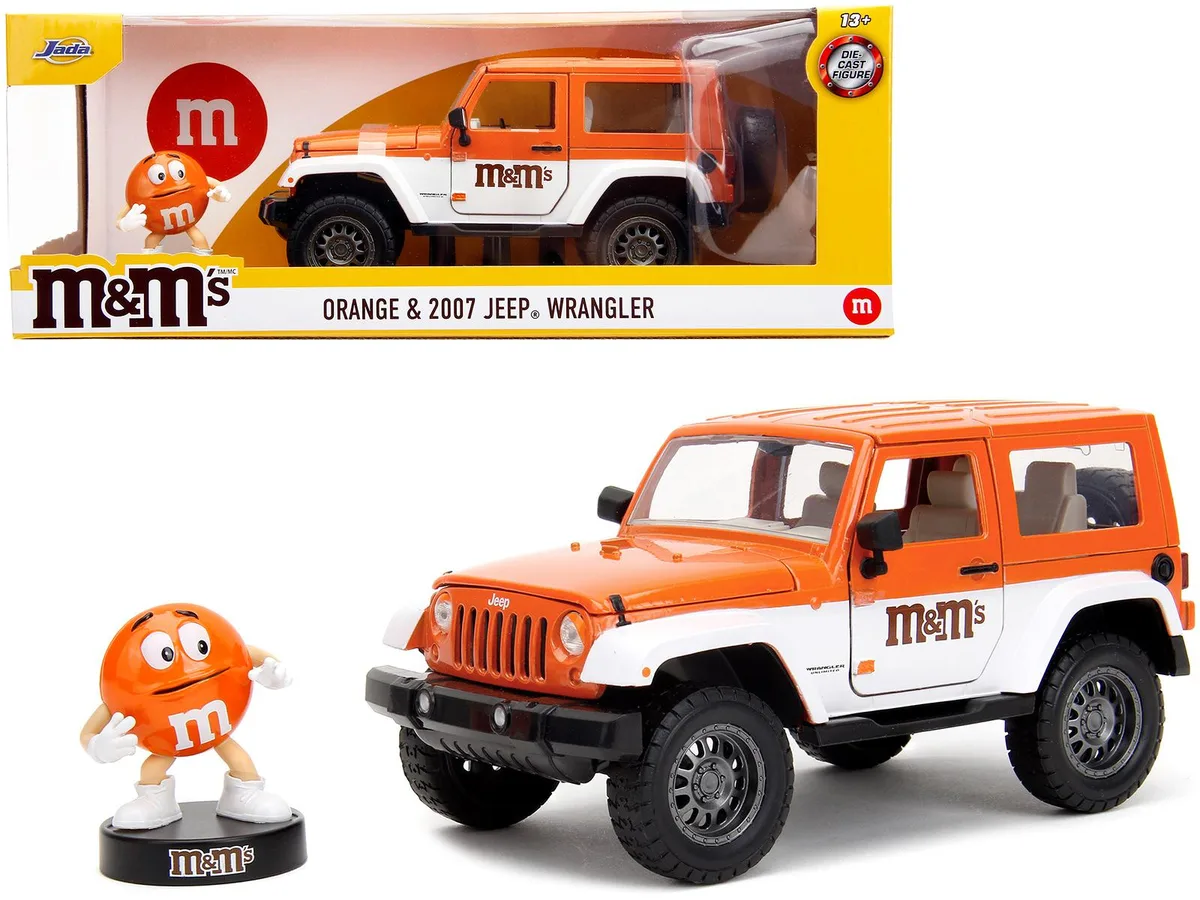 Jada Jada 2007 Jeep Wrangler M&amp;M's Hollywood Rides 1/24 Diecast Car Orange Metallic White Orange M&amp;M Figure — product photo