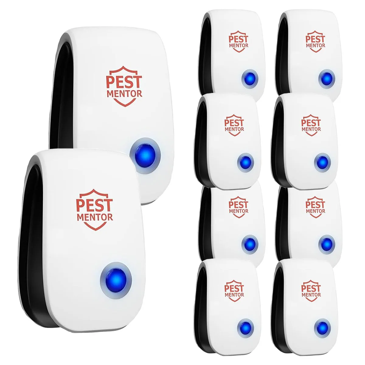 Ten small white plug-in units with indicator lights