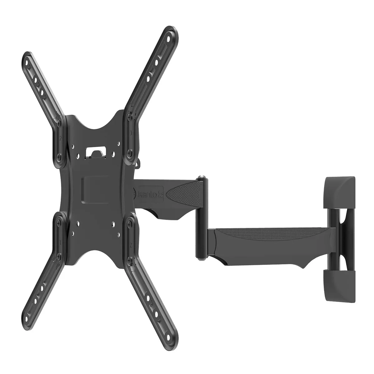 Black full-motion TV wall mount with articulating arm extended, narrow wall plate and cable clips