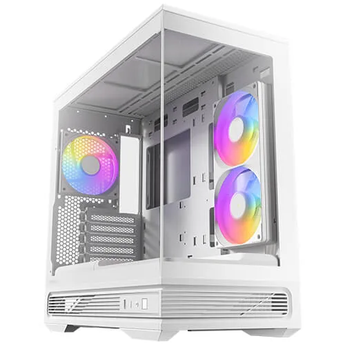 White micro-ATX case with panoramic tempered glass side panel and three pre-installed ARGB fans