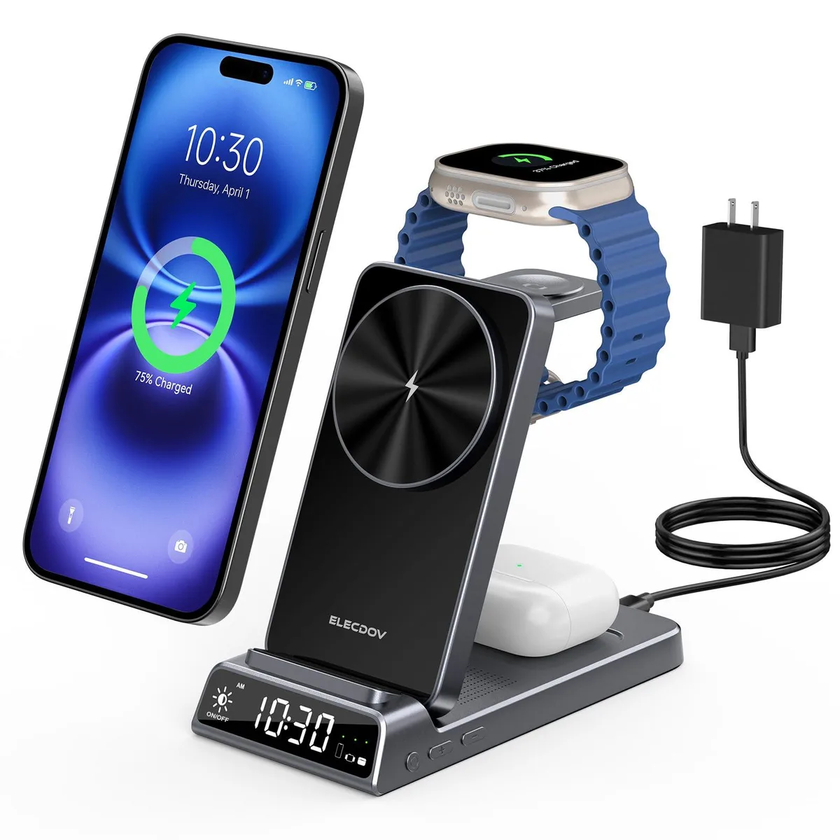  Elecdov CE19A 3-in-1 Magnetic Charger with Clock Grey — product photo