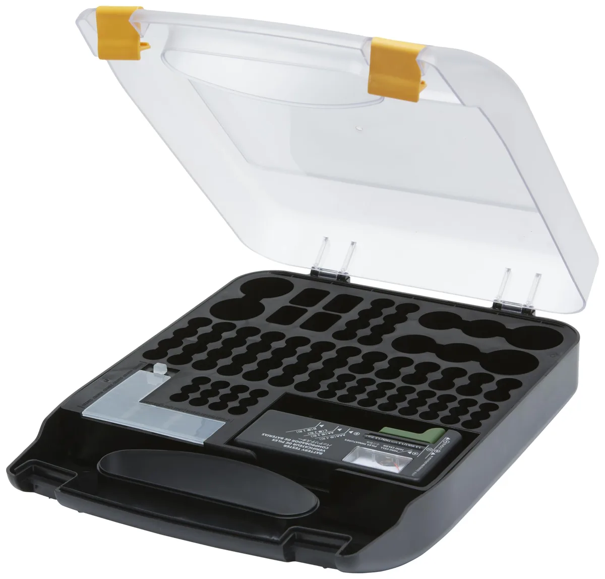 Clear plastic battery case with black handle, built-in tester, holds 110 cells