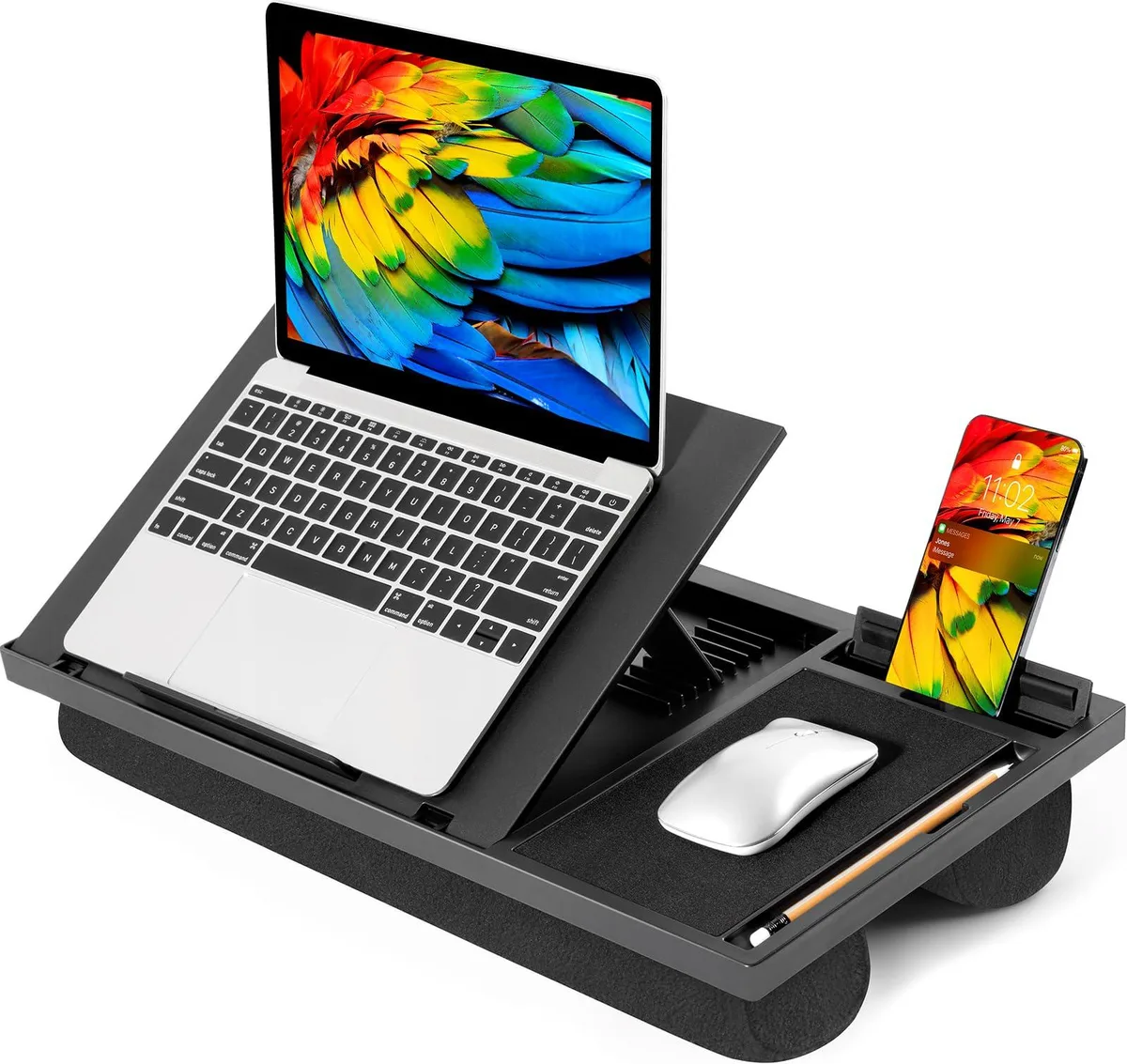 Black adjustable lap desk with cushioned base, integrated mouse pad, phone slot and plastic lip, 19.4 inches wide