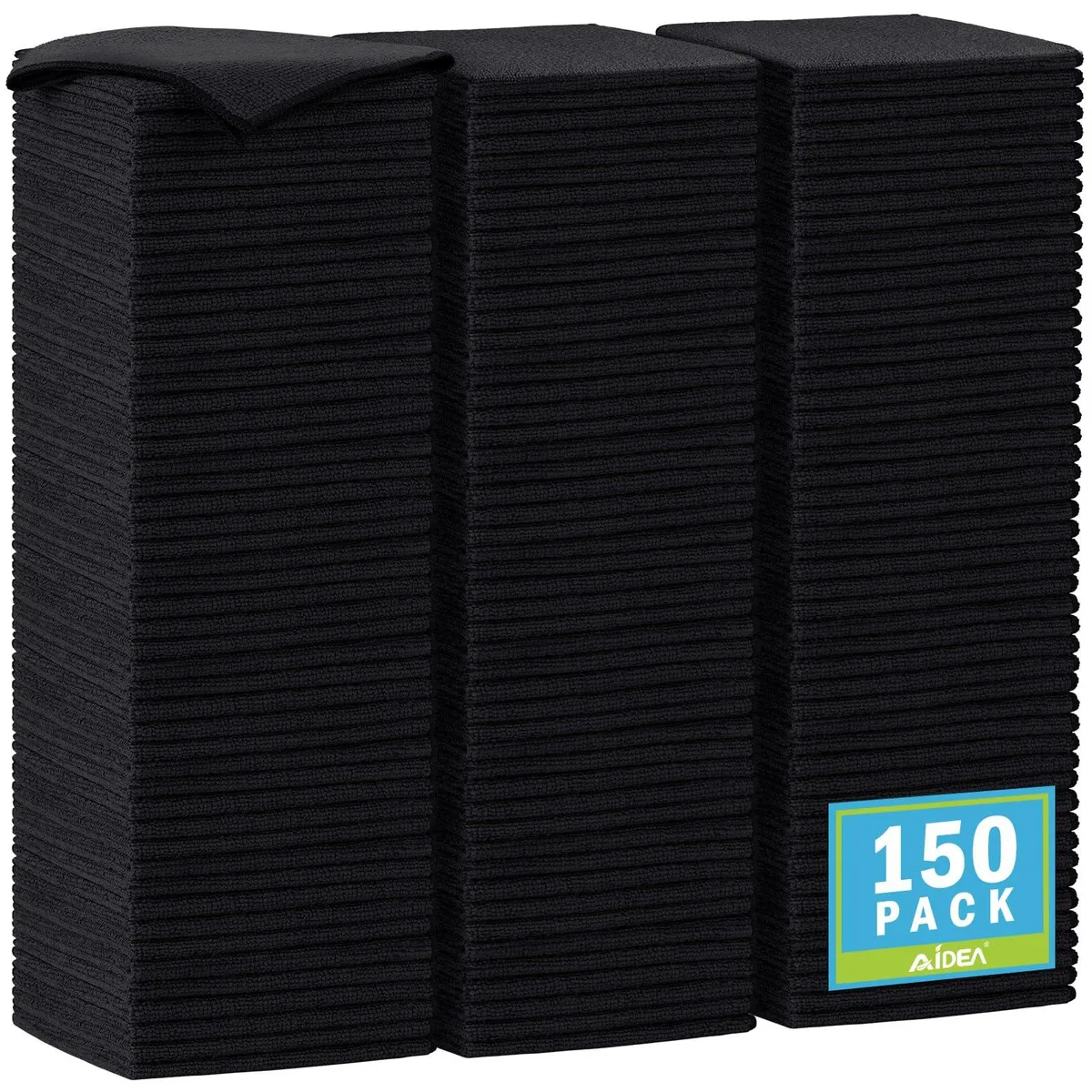 Stack of 150 black 12-inch square microfiber cloths