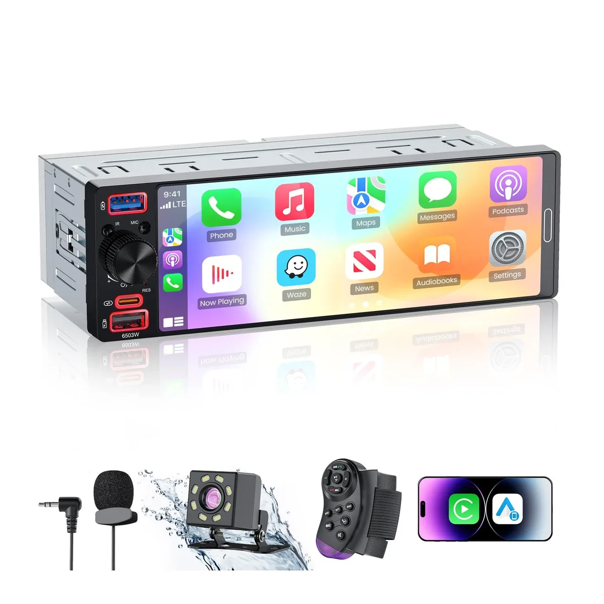 BOSS AUDIO GBEER-6.5 6.5" Single Din Receiver with Apple CarPlay, Android Auto, Bluetooth 6.0, 1080P Camera — product photo