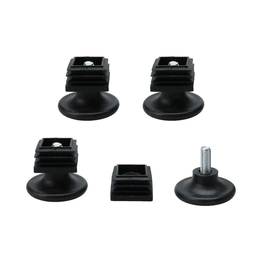Four sets of 30 mm tube inserts with adjustable threaded feet and plastic bases