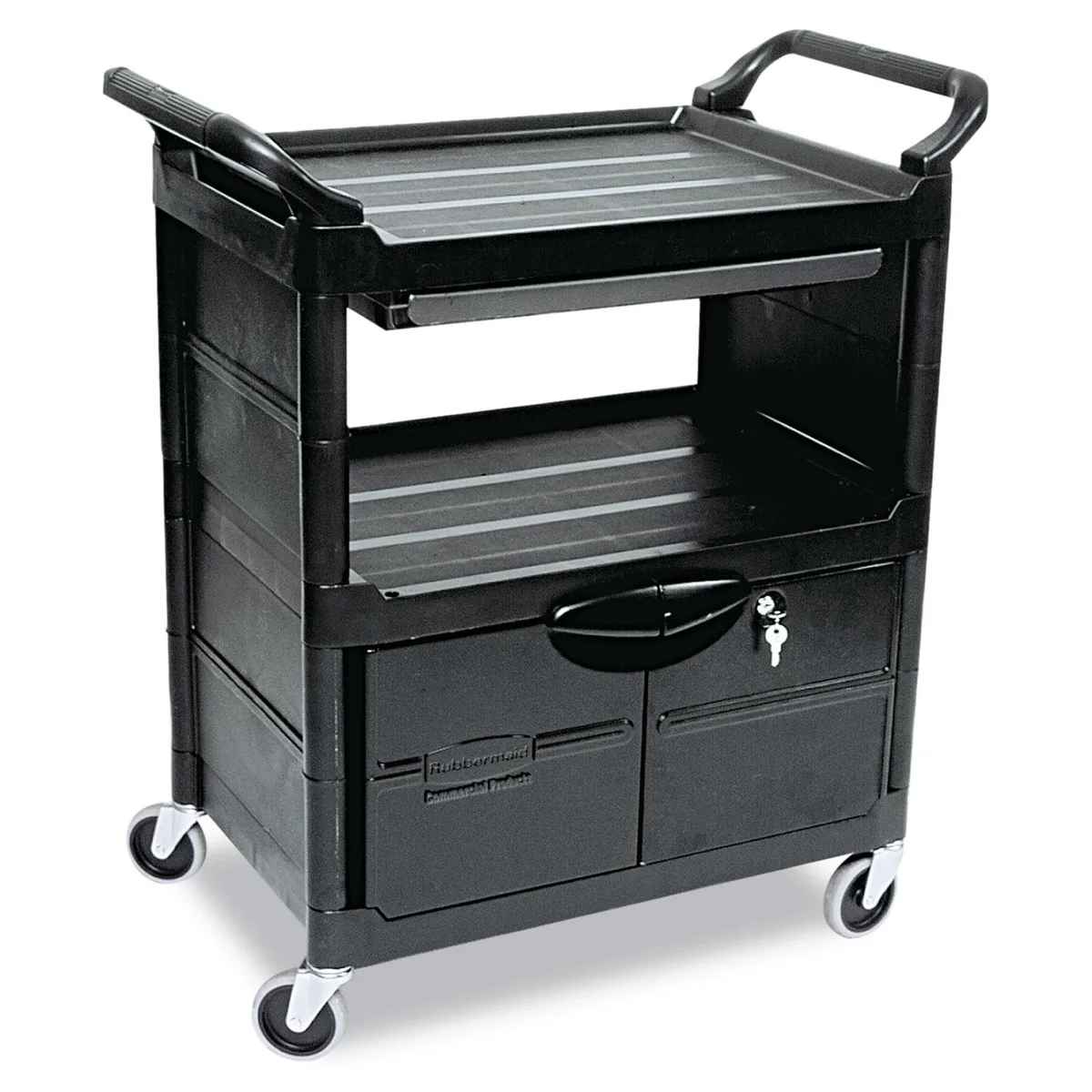 Rubbermaid Commercial Rubbermaid Commercial FG345700BLA two-shelf utility cart with locking doors — product photo