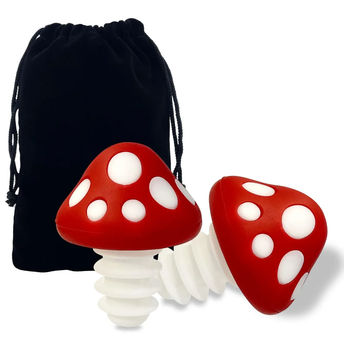 Two red mushroom-shaped bottle stoppers, glossy finish