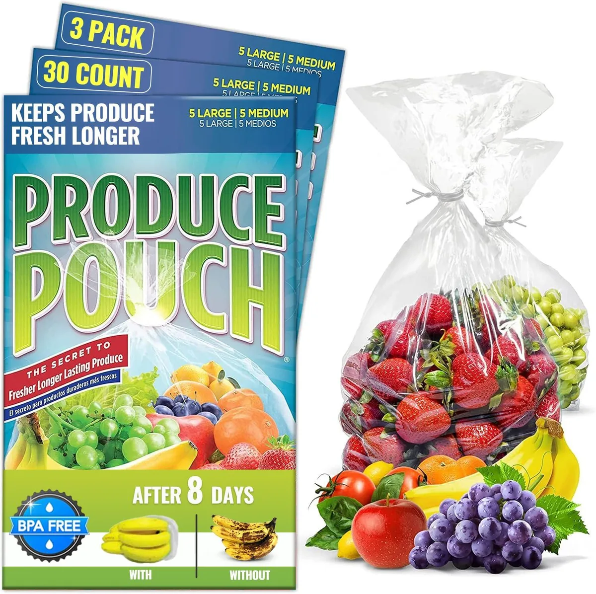 Thirty beige polyethylene produce pouches with twist ties in medium and large sizes