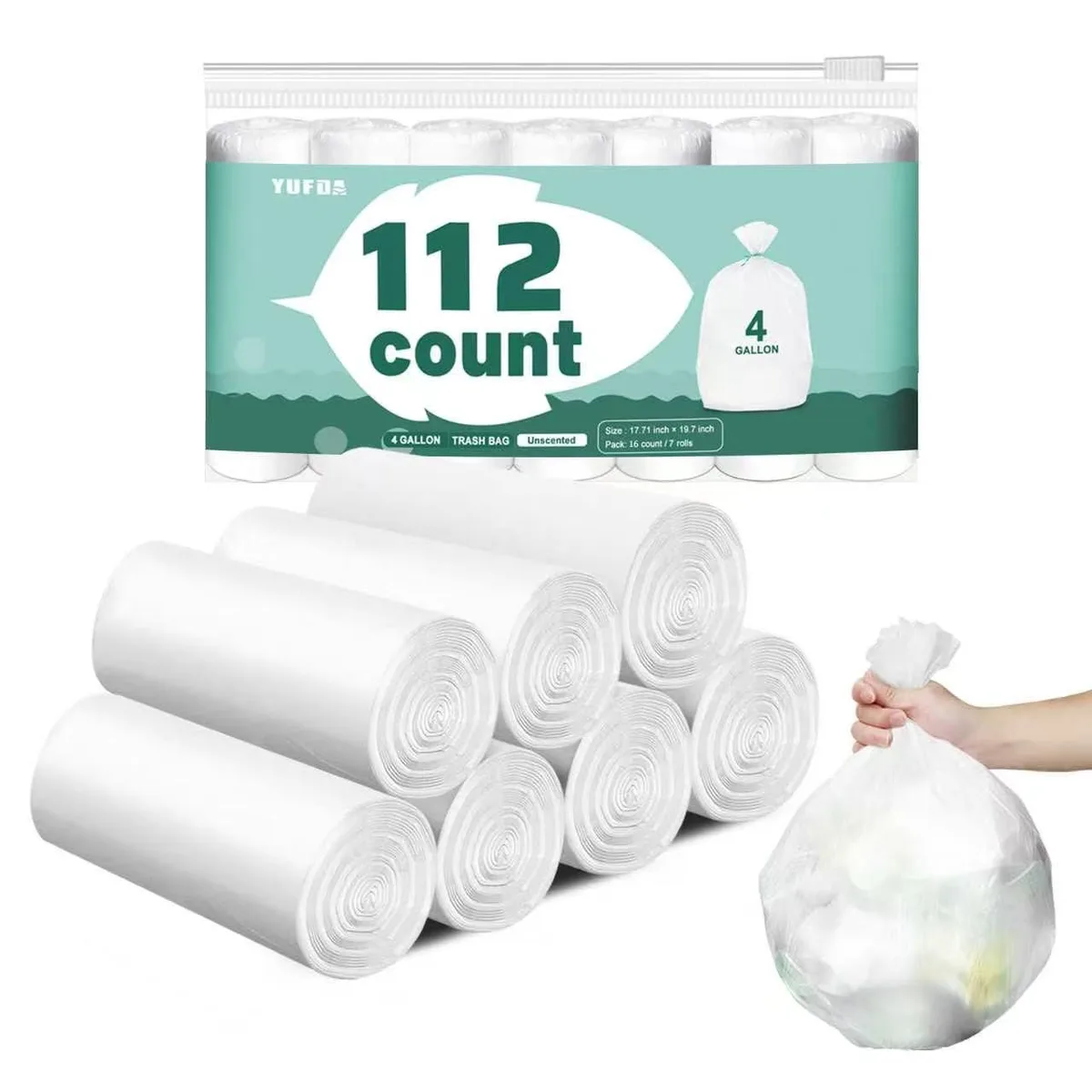 White 4 gallon trash bags on rolls, 112 count pack