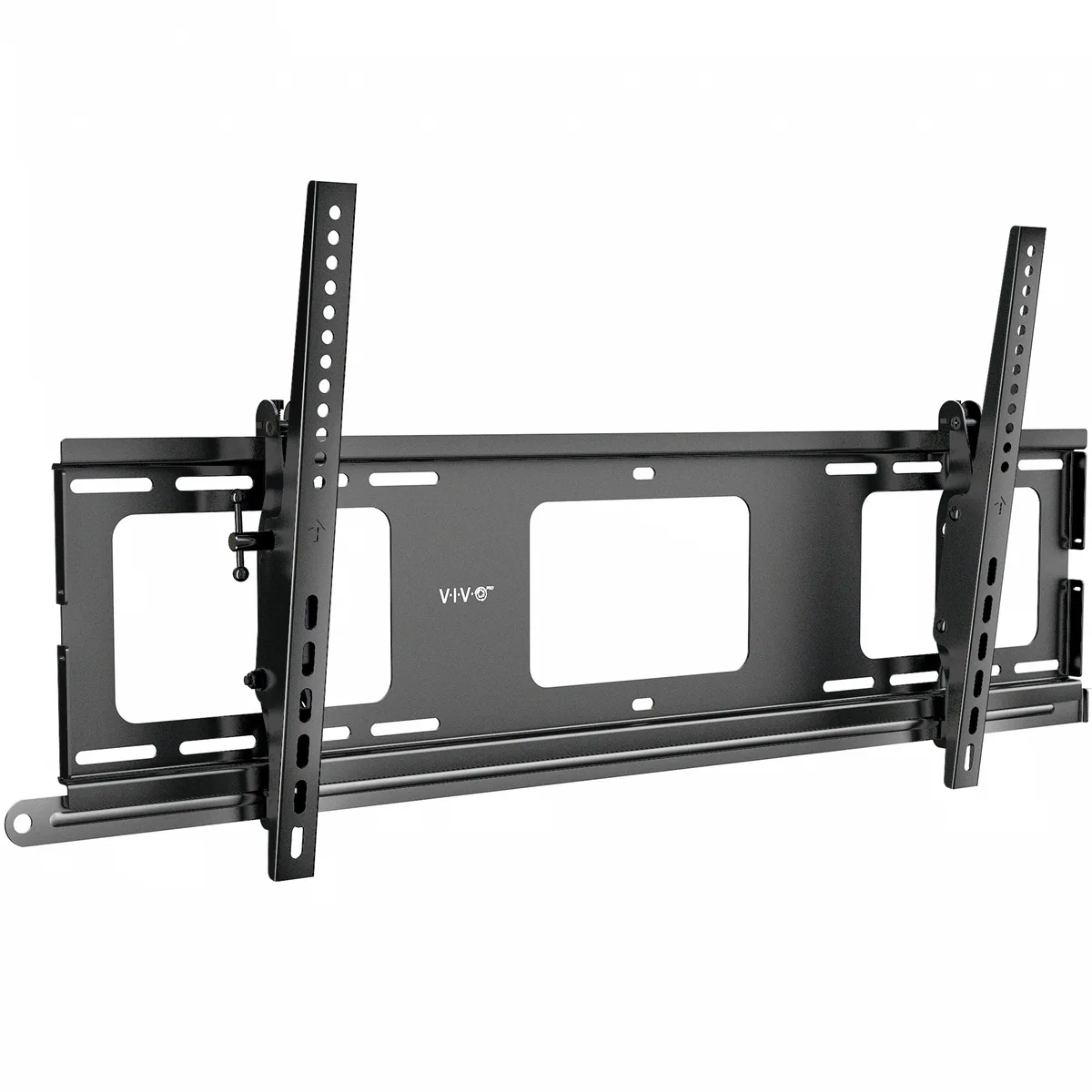 Black steel TV wall mount with tilt bracket and VESA plate visible
