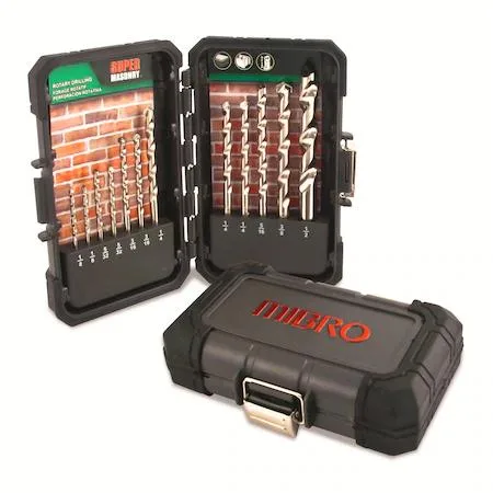 Twelve masonry rotary drill bits in a transparent MBX case with rubber corners